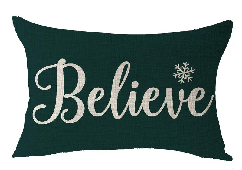 FELENIW Merry Christmas Believe Snowflake Happy Winter for Family Cotton Linen Decorative Throw Pillow Cover Cushion Case Lumbar 12''X20''inches - Image 1